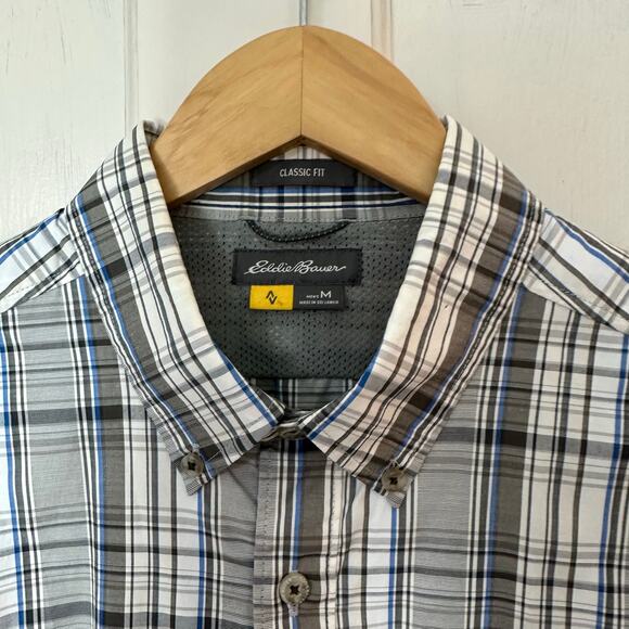 Eddie Bauer Travex Shirt Mens Medium Hiking Performance Gray White Blue Plaid - Picture 5 of 7